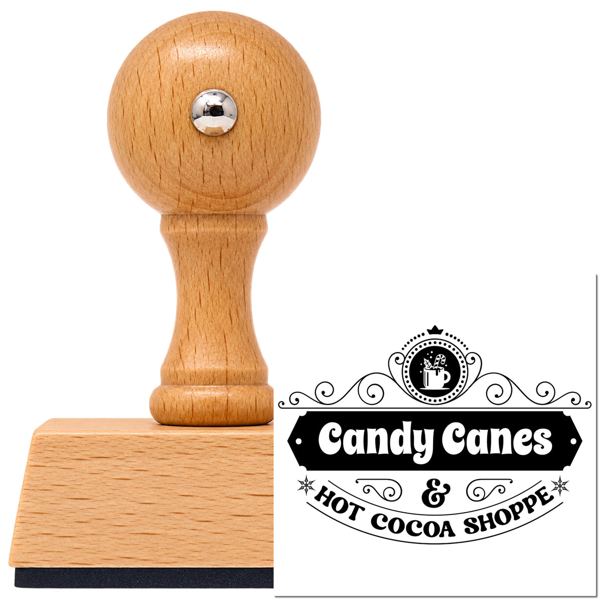 Vintage Pro beech wood stamp with a round knob handle, shown with its black Candy Canes Hot Cocoa Shoppe imprint on white.
