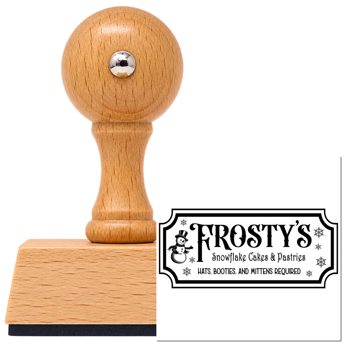 Vintage Pro beech wood stamp with a round knob handle, shown with its black Frosty's Snowflake Cafe & Pastries imprint on white.