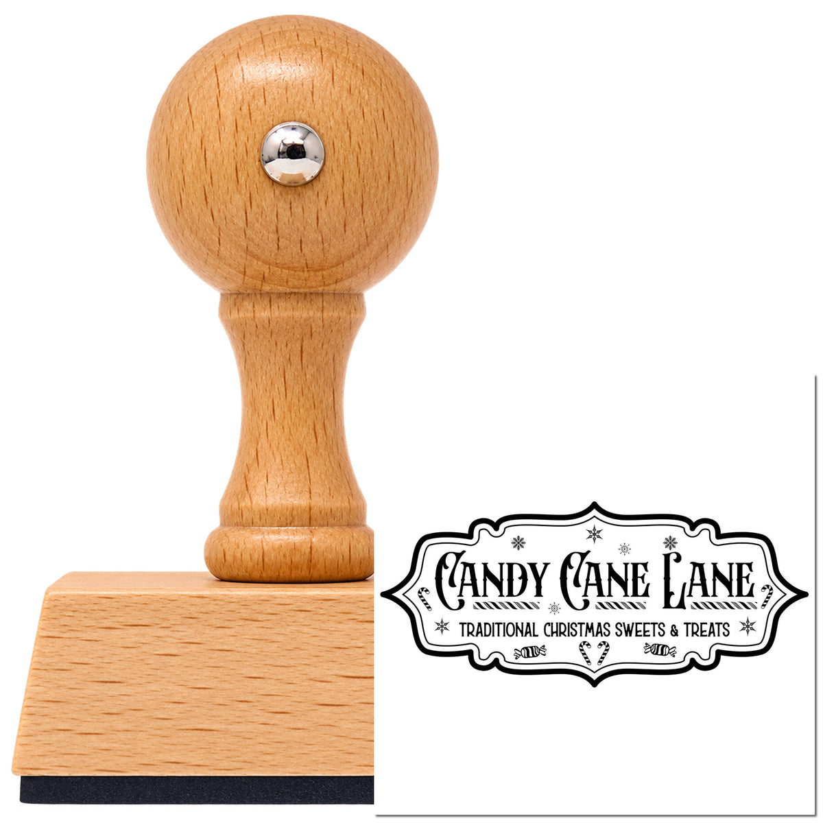 Vintage Pro beech wood stamp with a round knob handle, shown with its black Candy Cane Lane Vintage Sign imprint on white.