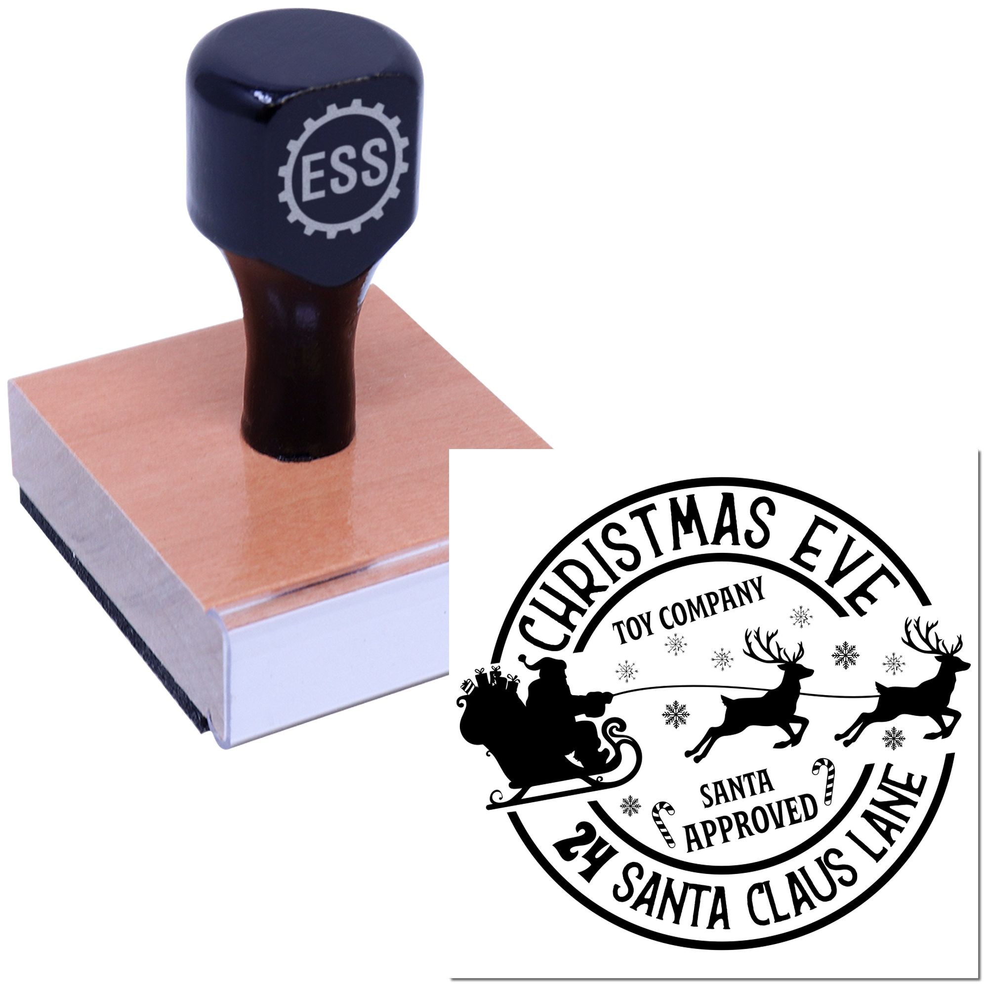 Custom stamp and seal with dark blue handle on a wooden block, featuring a black Christmas Eve Santa-approved circular seal.