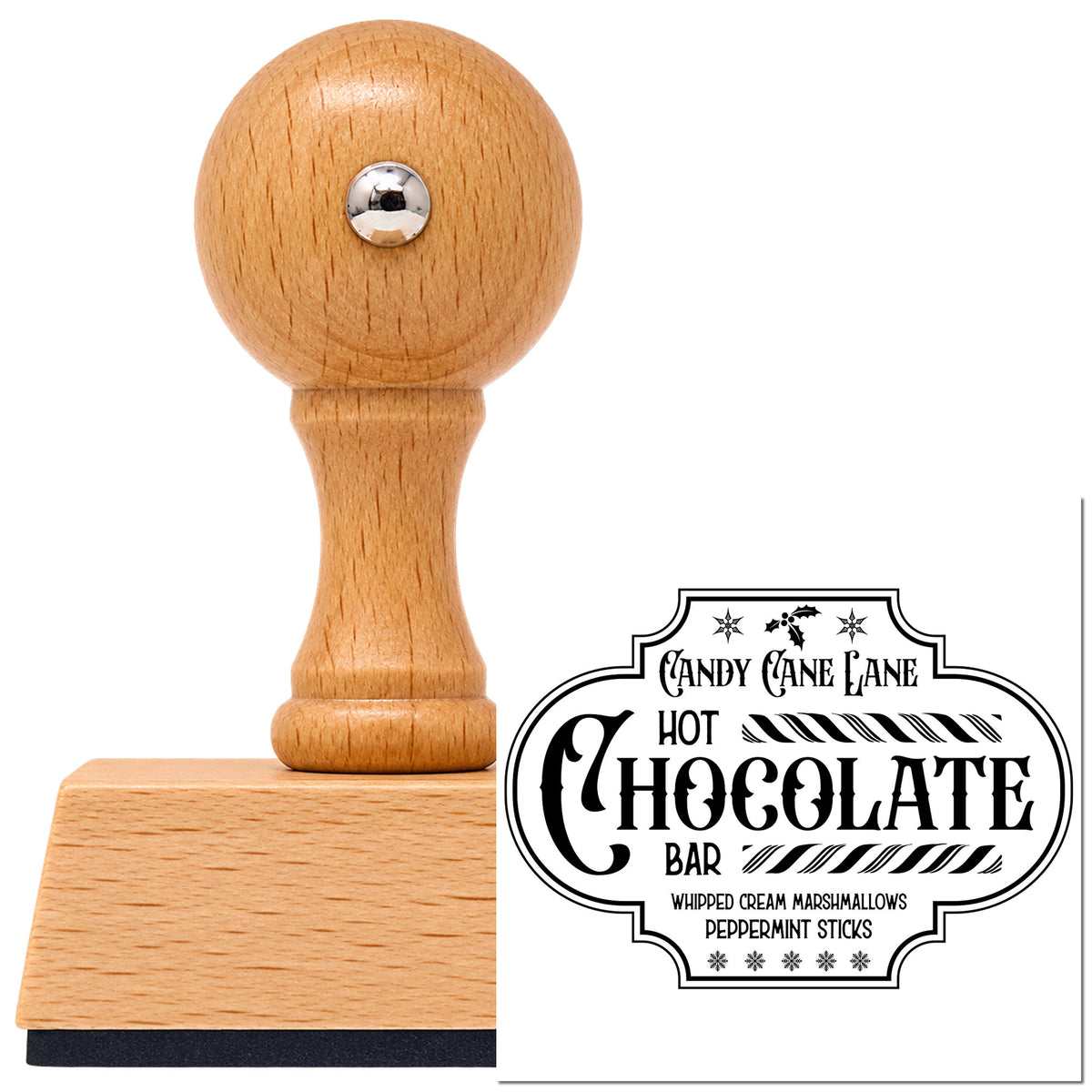 Vintage Pro beech wood stamp with a round knob handle, shown with its black Candy Cane Lane Hot Chocolate Bar imprint on white.