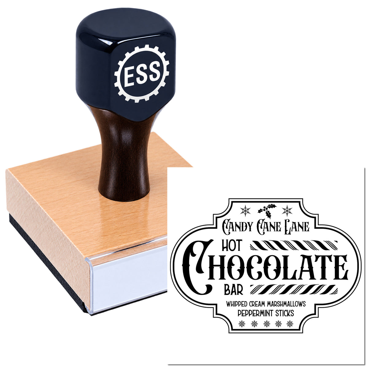 Navy ESS rubber stamp on a copper block, with a black-and-white hot chocolate bar seal design preview.