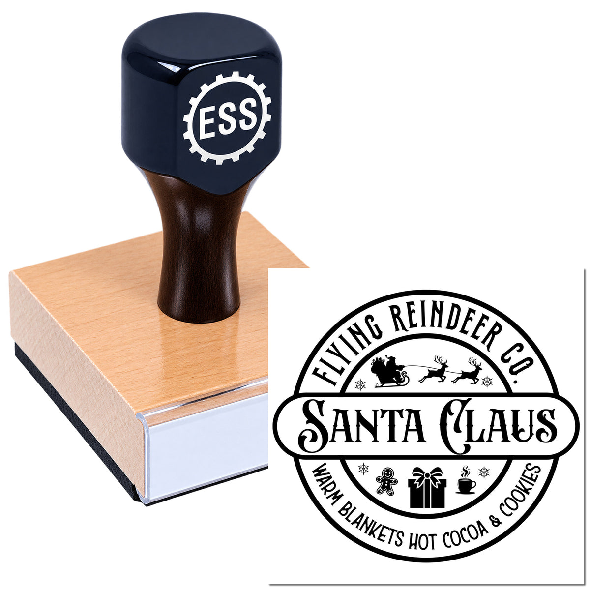 Dark blue custom stamp and seal on a pink wooden block with black Santa Claus logo for Flying Reindeer Co.
