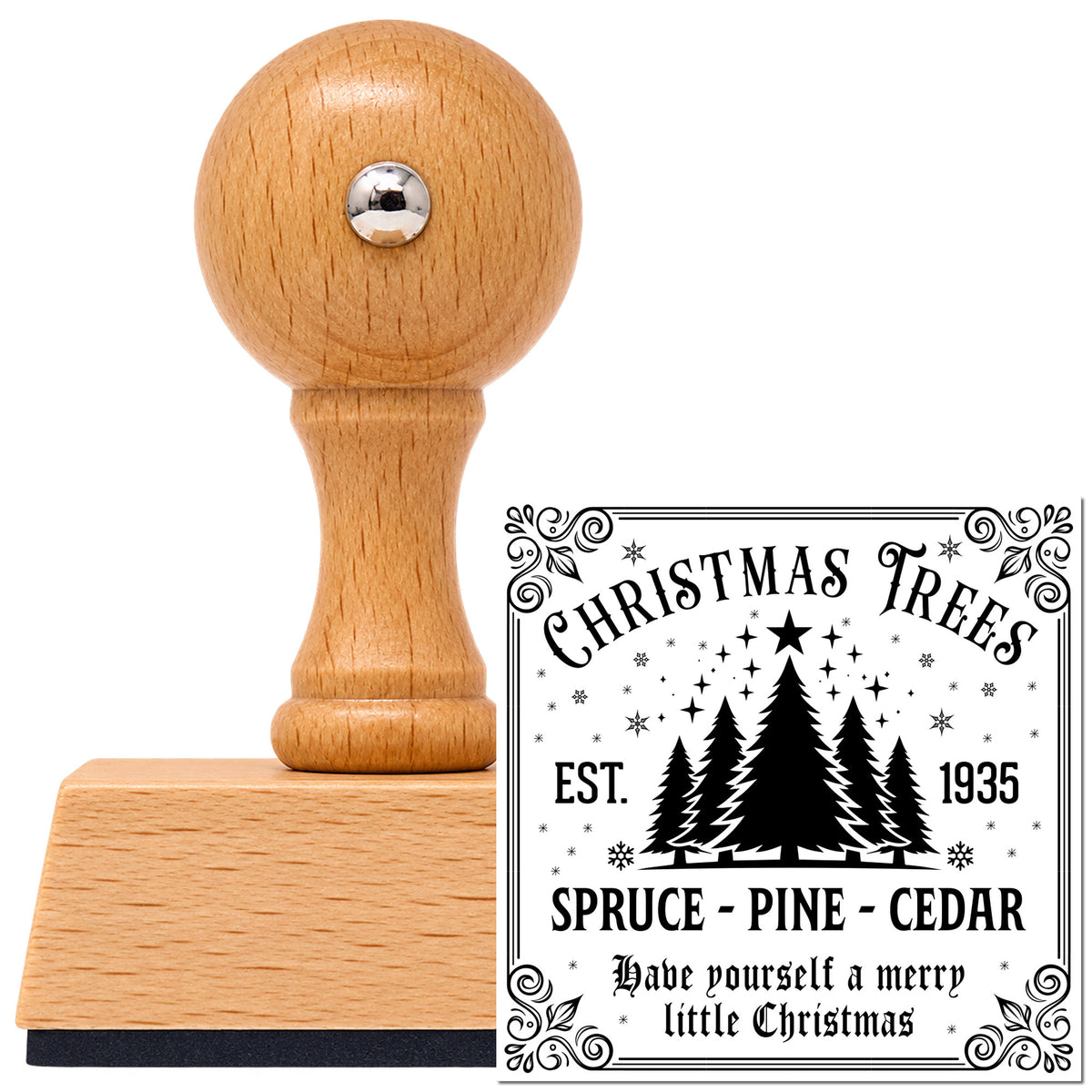 Vintage Pro beech wood stamp with a round knob handle, shown with its black Christmas Trees Est 1935 Sign imprint on white.