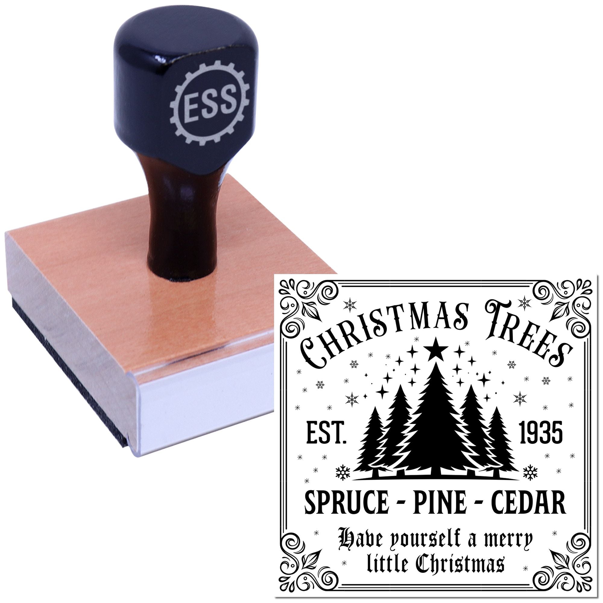 Black ESS rubber stamp on pink wood block, paired with a black-and-white Christmas Trees seal design.