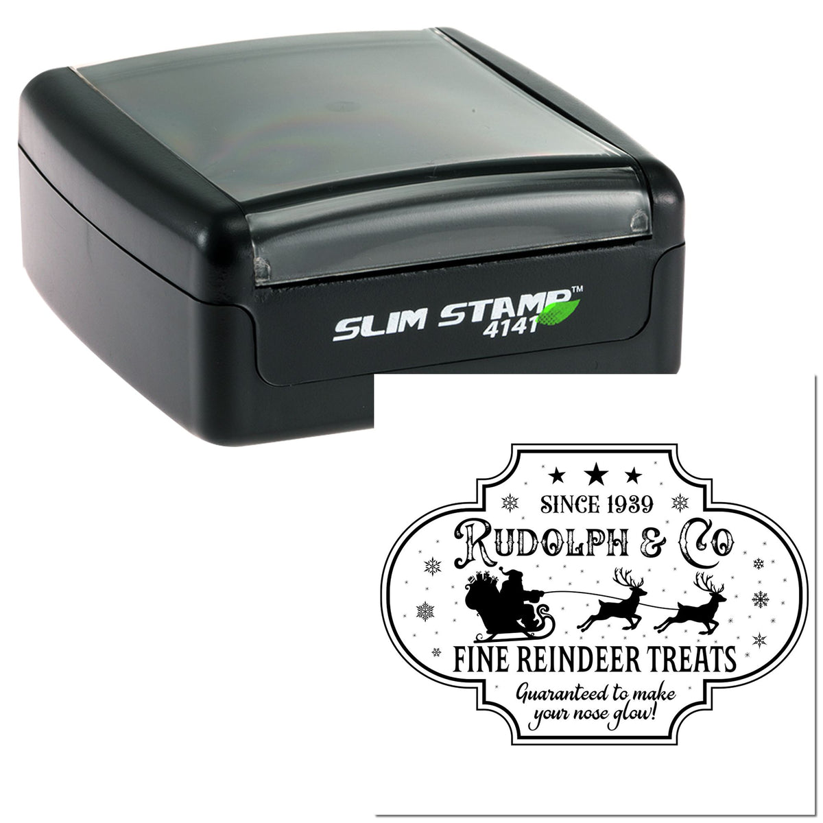 Black self-inking stamp with white holiday seal, Santa sleigh, reindeer, and Rudolph & Co text.