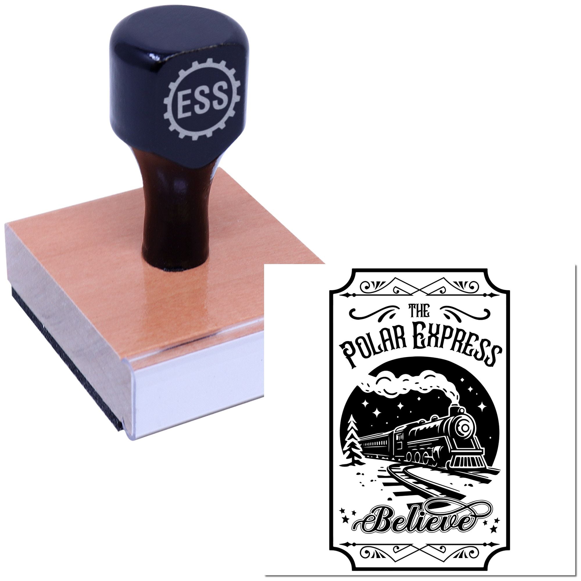 Custom rubber stamp and seal with black ESS handle on a pink block, plus Polar Express Believe train design.