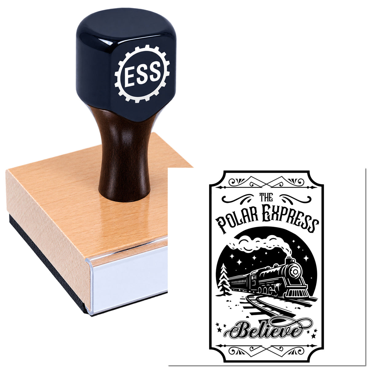 Custom rubber stamp and seal with black ESS handle on a pink block, plus Polar Express "Believe" train design.