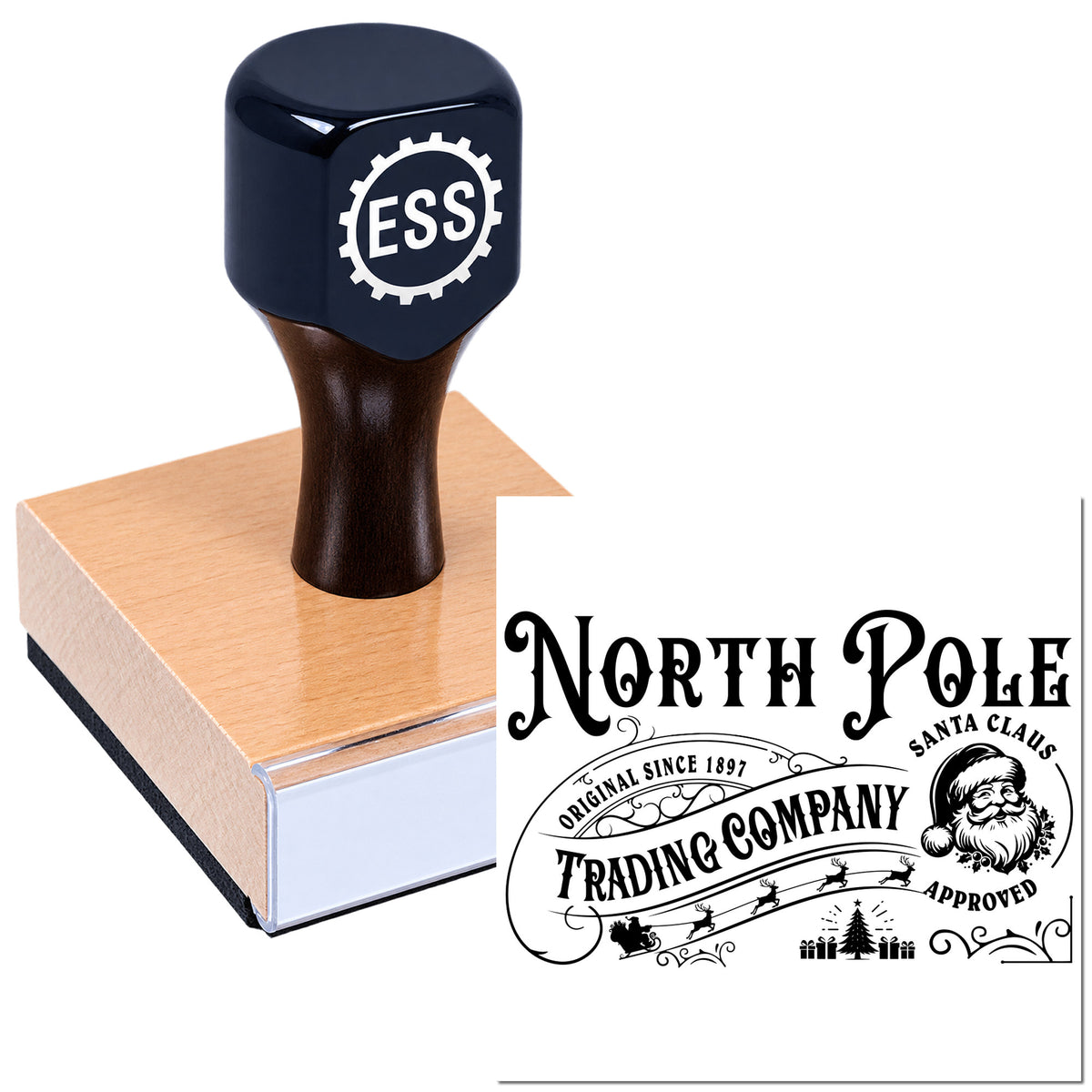 Black ESS embossing stamp and copper seal base with North Pole Trading Company Santa Claus approved imprint.