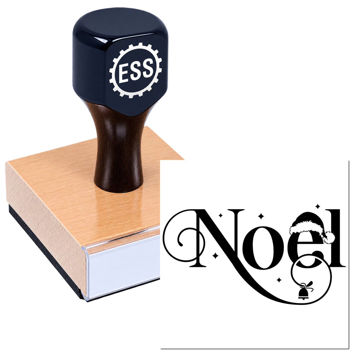Dark navy rubber stamp with copper seal base, featuring ESS and decorative Noel holiday lettering.