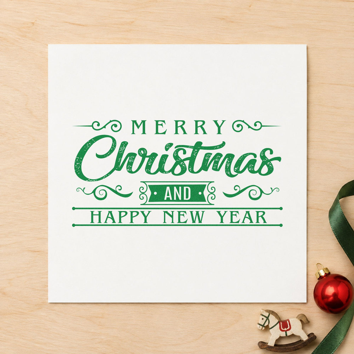 Merry Christmas Happy New Year craft stamp imprint in green ink on a handmade project, one idea being open house slips.