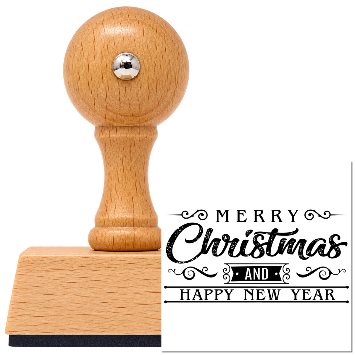 Vintage Pro beech wood stamp with a round knob handle, shown with its black Merry Christmas Happy New Year imprint on white.