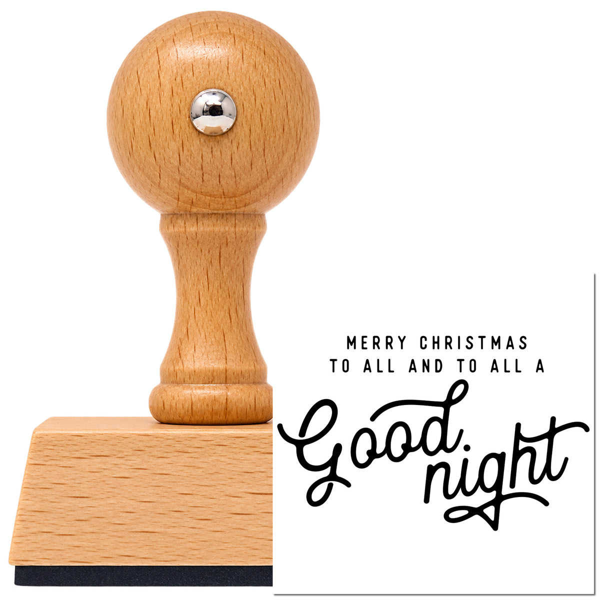 Vintage Pro beech wood stamp with a round knob handle, shown with its black Merry Christmas To All And To All A Good Night imprint on white.