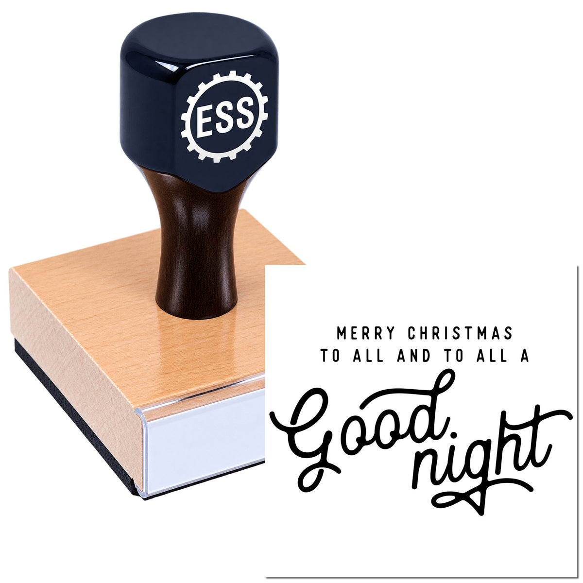 Blue-handled rubber stamp with copper seal block, showing black holiday text: "Merry Christmas to all and to all a Good night."