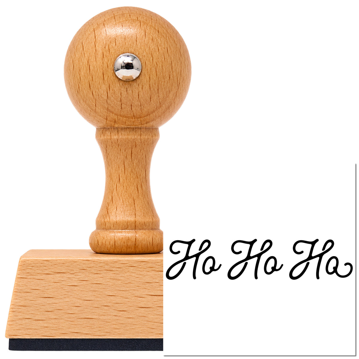 Vintage Pro beech wood stamp with a round knob handle, shown with its black Ho Ho Ho Script imprint on white.