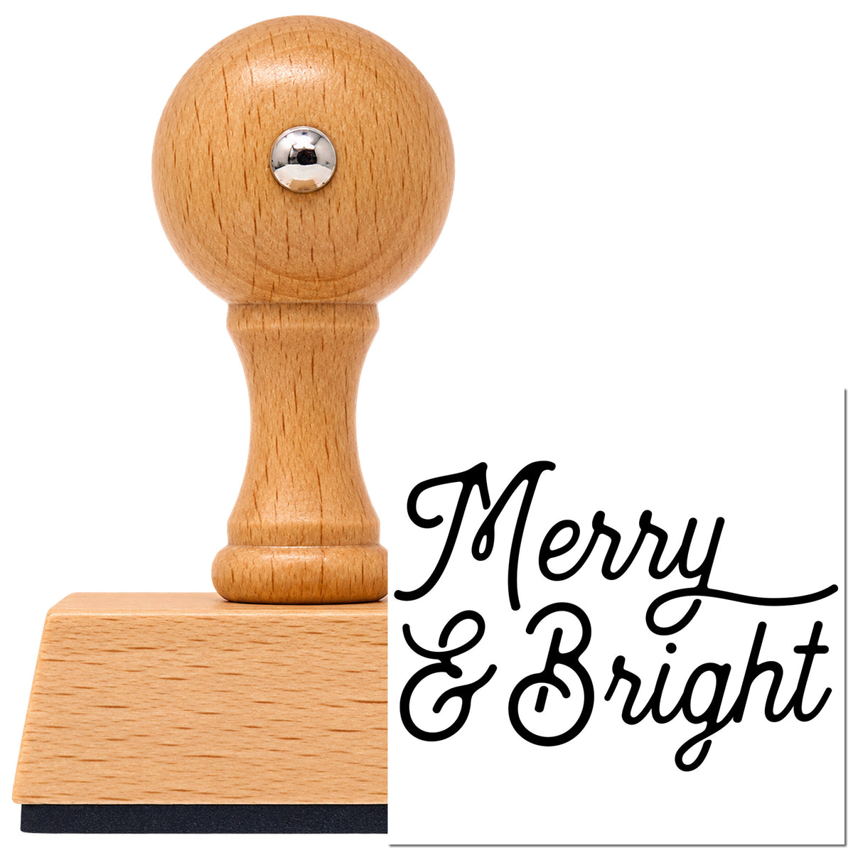 Vintage Pro beech wood stamp with a round knob handle, shown with its black Merry And Bright Script imprint on white.