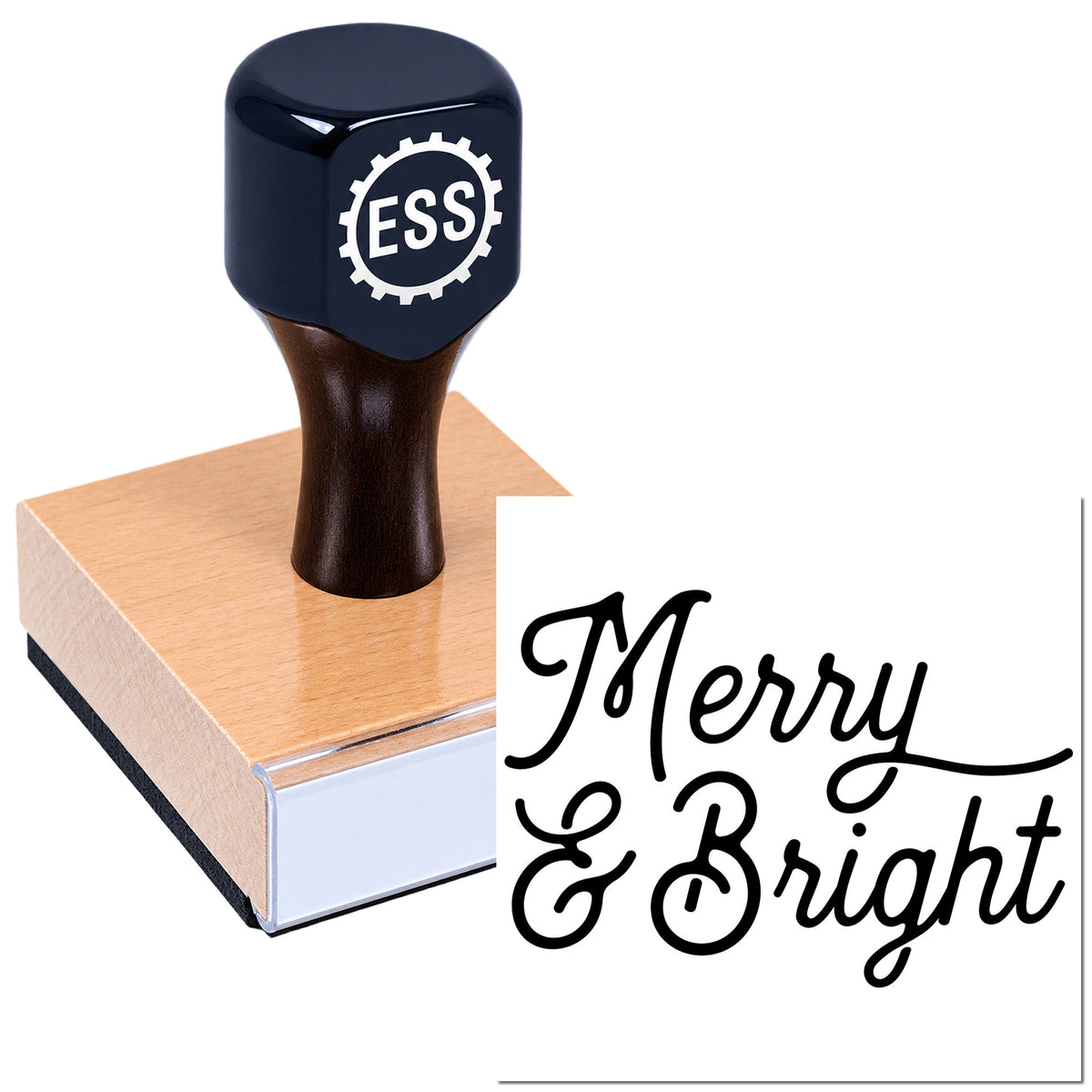 Black rubber stamp with ESS logo on a wooden base, beside a Merry & Bright script seal impression.