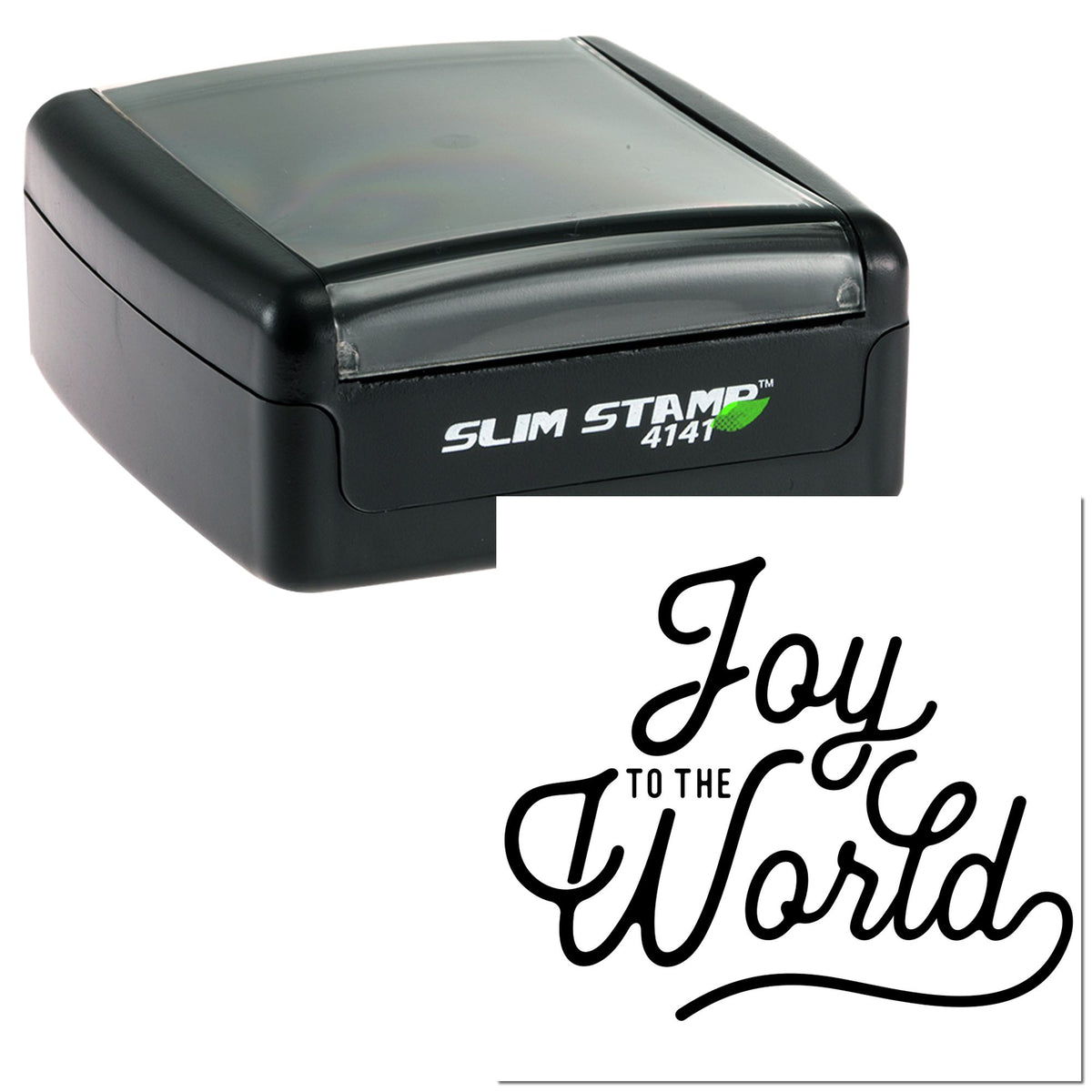 Black Slim Stamp 4141 self-inking stamp and seal with Joy to the World script imprint on white background.