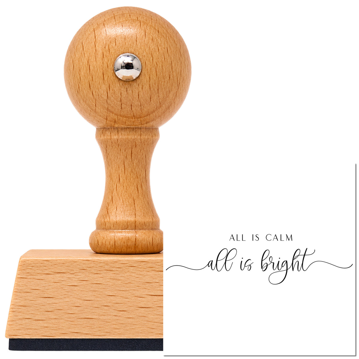 Vintage Pro beech wood stamp with a round knob handle, shown with its black All Calm Bright Fine Script Lettering imprint on white.