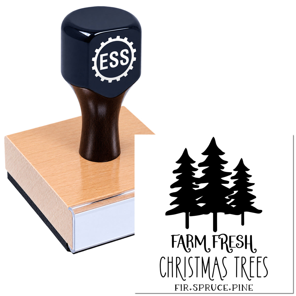 Dark navy custom rubber stamp seal on wooden block with pine tree design and "Farm Fresh Christmas Trees" text, fir, spruce, pine.