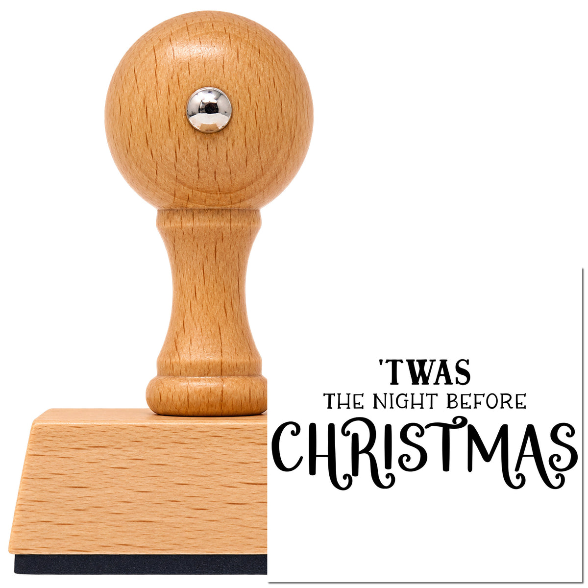 Vintage Pro beech wood stamp with a round knob handle, shown with its black 'Twas The Night Before Christmas Serif Lettering imprint on white.