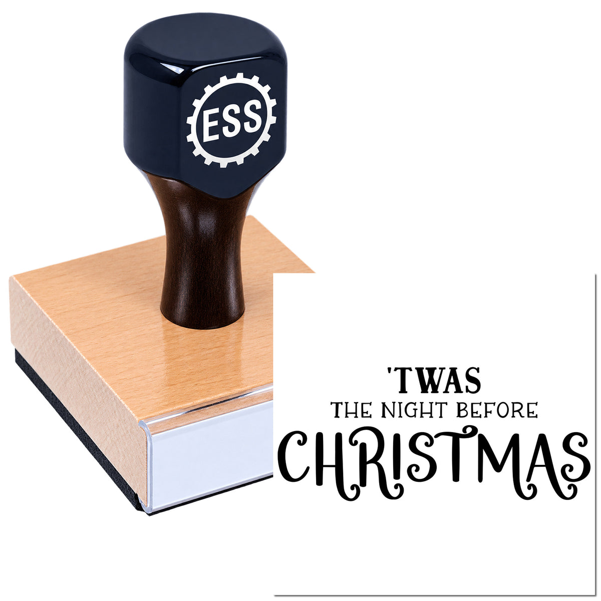 Dark blue ESS rubber stamp and seal on a wood block beside "Twas the Night Before Christmas" text