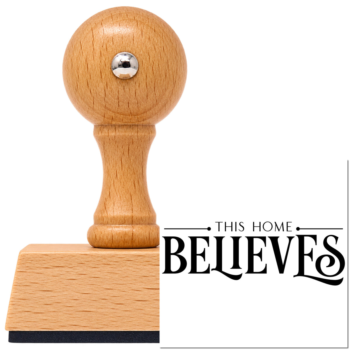 Vintage Pro beech wood stamp with a round knob handle, shown with its black This Home Believes Serif Lettering imprint on white.