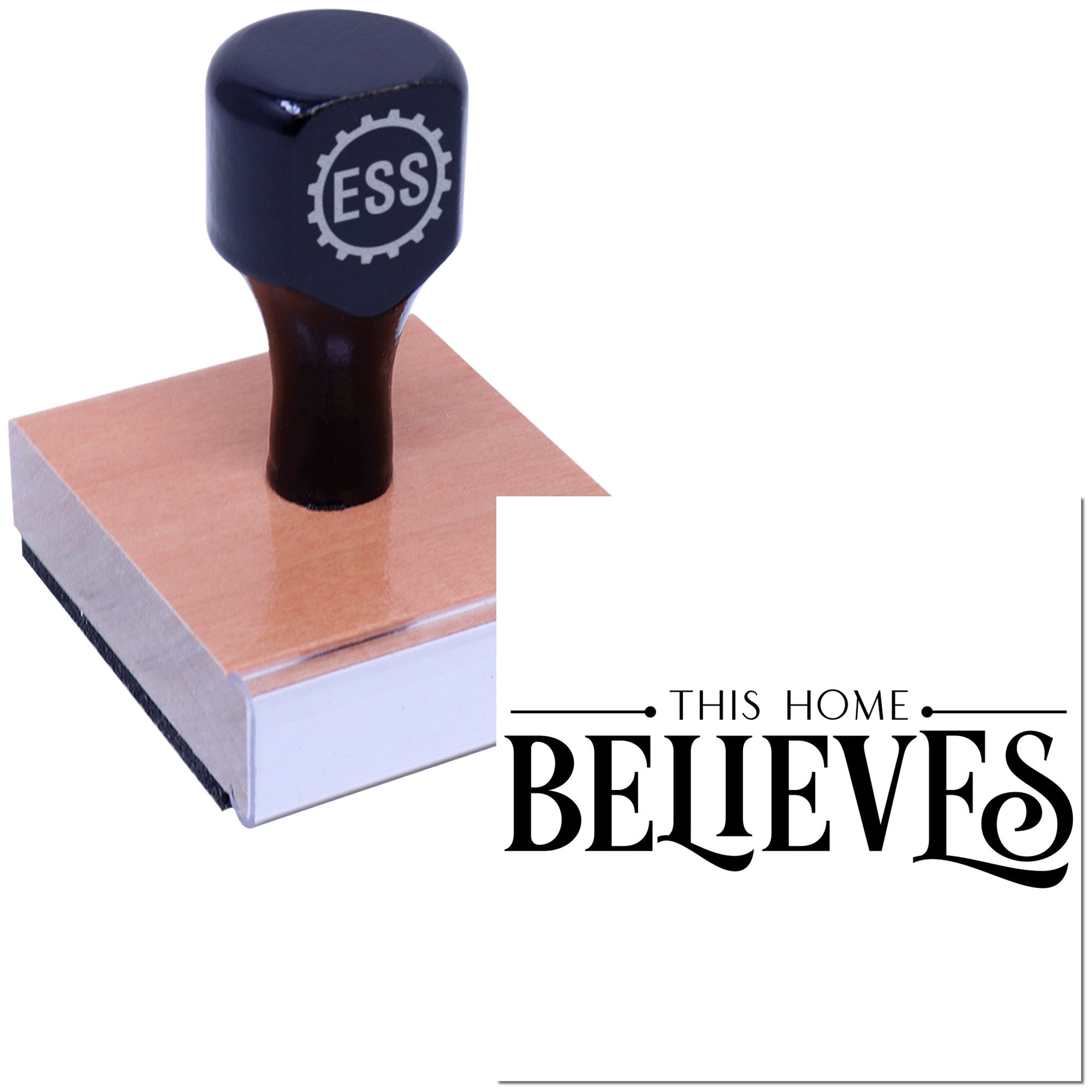 Navy rubber stamp with ESS logo on copper-toned base and white seal reading This Home Believes