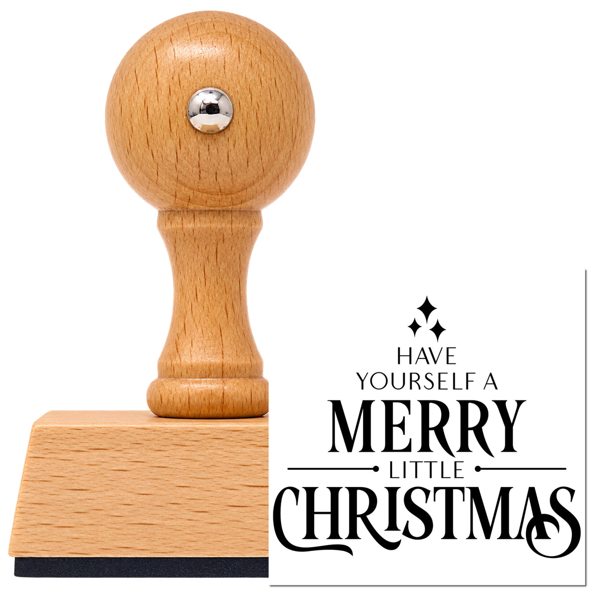 Vintage Pro beech wood stamp with a round knob handle, shown with its black Have Yourself A Merry Little Christmas With Sparkles imprint on white.