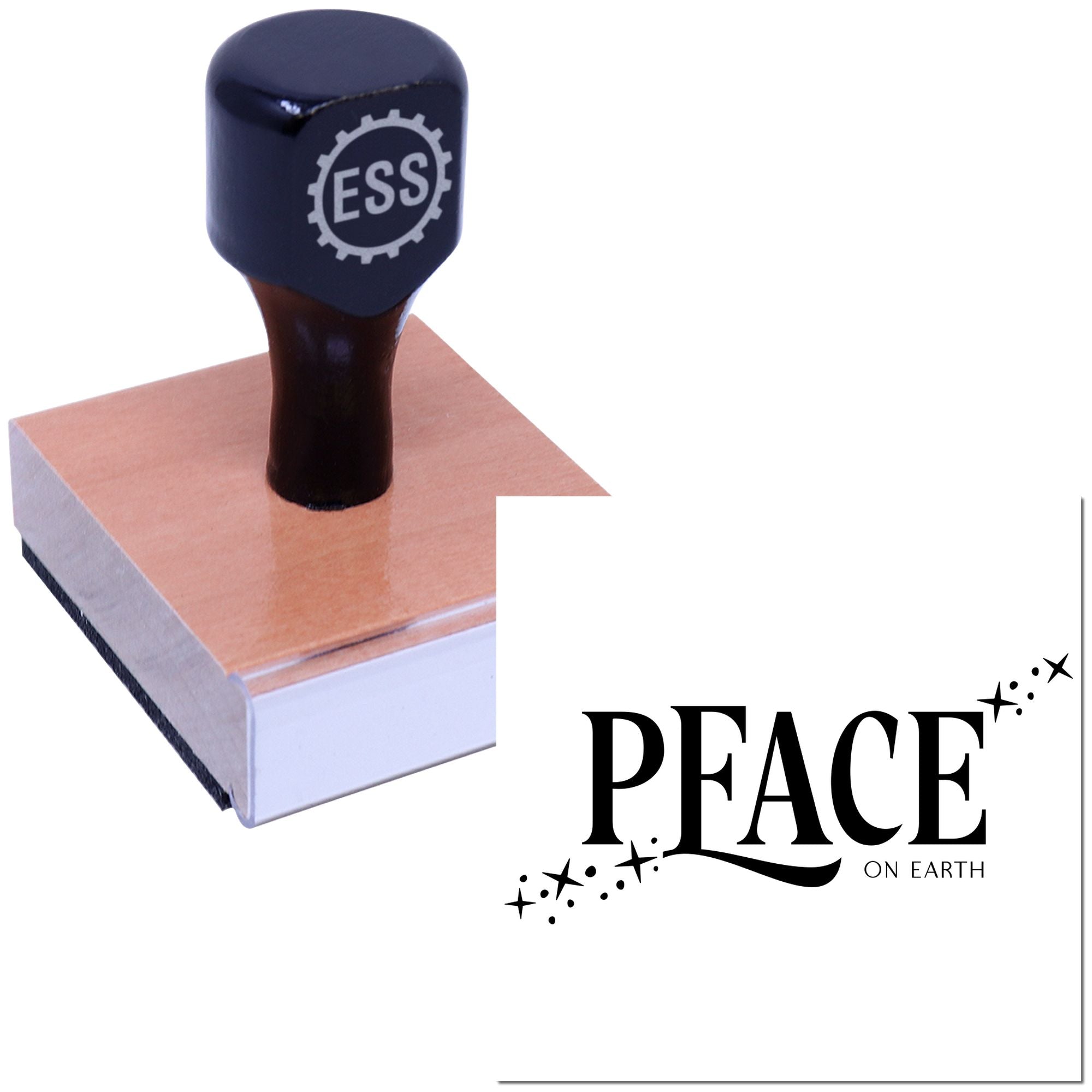 Black ESS rubber stamp on a wooden block beside a Peace on Earth seal on a white background