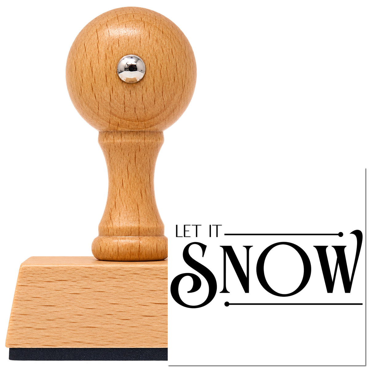 Vintage Pro beech wood stamp with a round knob handle, shown with its black Let It Snow Serif imprint on white.