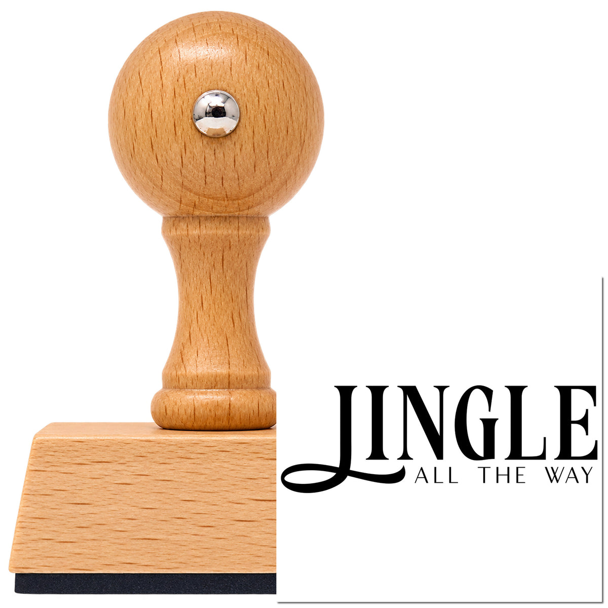 Vintage Pro beech wood stamp with a round knob handle, shown with its black Jingle All The Way Serif Lettering imprint on white.