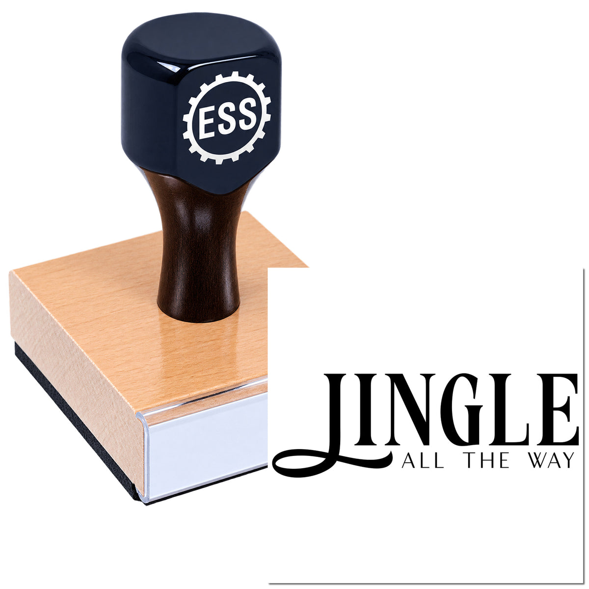 Black ESS stamp and seal on a copper block with "JINGLE ALL THE WAY" text on white background.