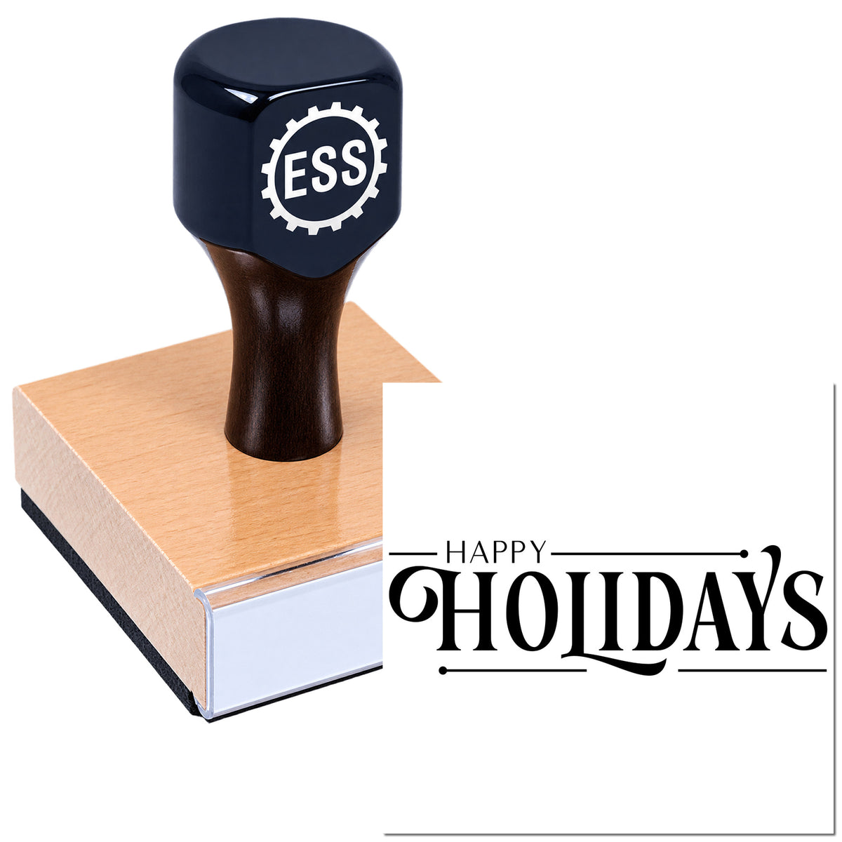 Dark navy ESS rubber stamp on wooden base next to a black "Happy Holidays" seal design.