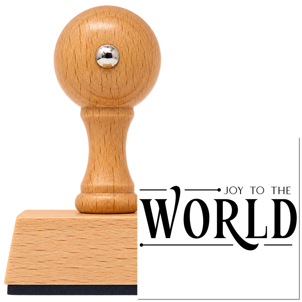 Vintage Pro beech wood stamp with a round knob handle, shown with its black Joy To The World Serif Lettering imprint on white.