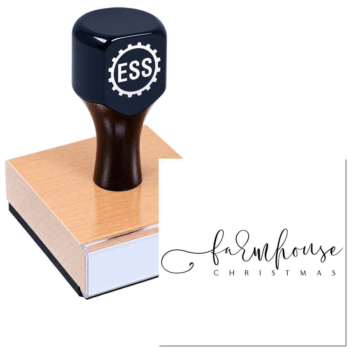 Black custom rubber seal stamp with ESS logo on a wooden block, branded Farmhouse Christmas.