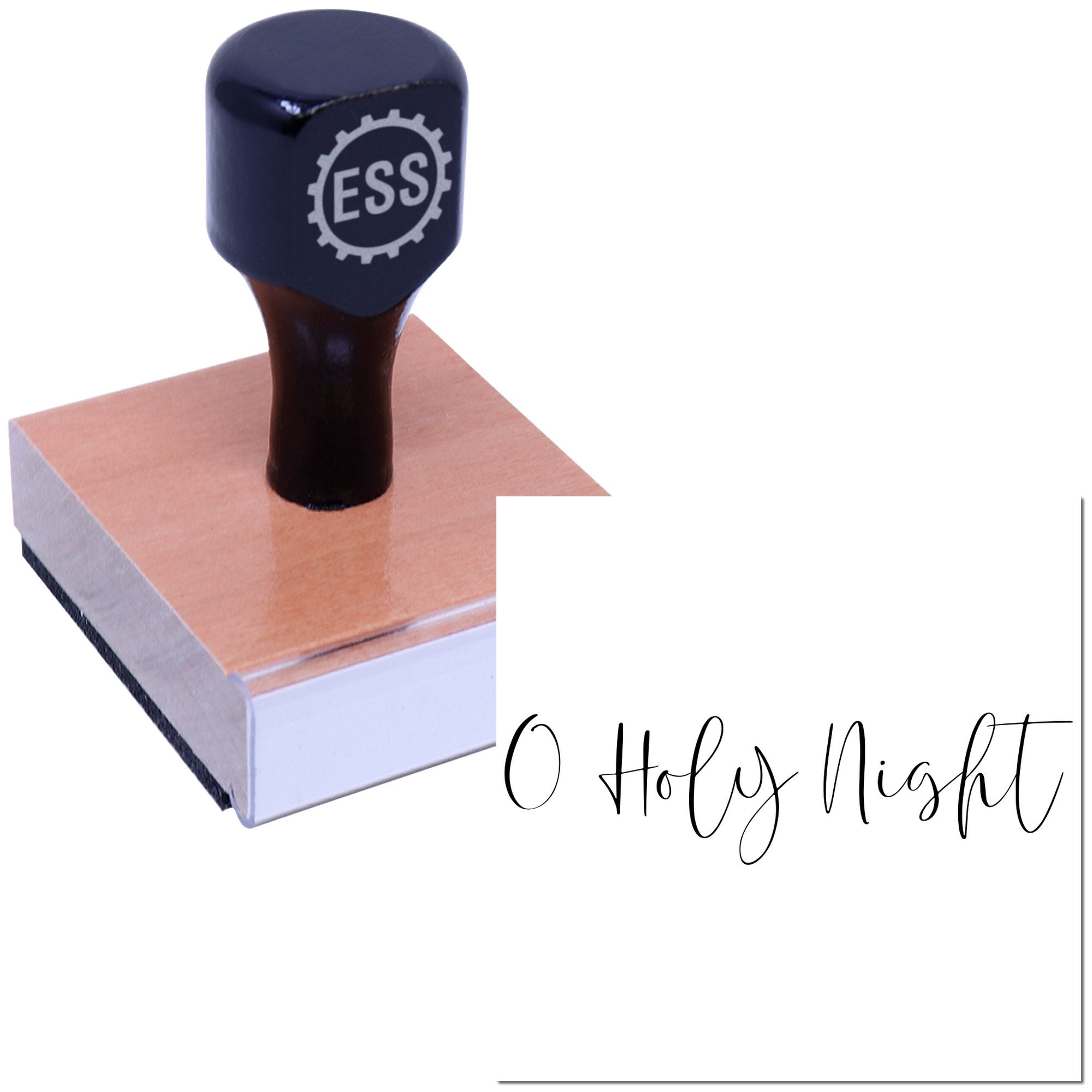 Black ESS stamp and seal with copper base, showing O Holy Night script on white background.