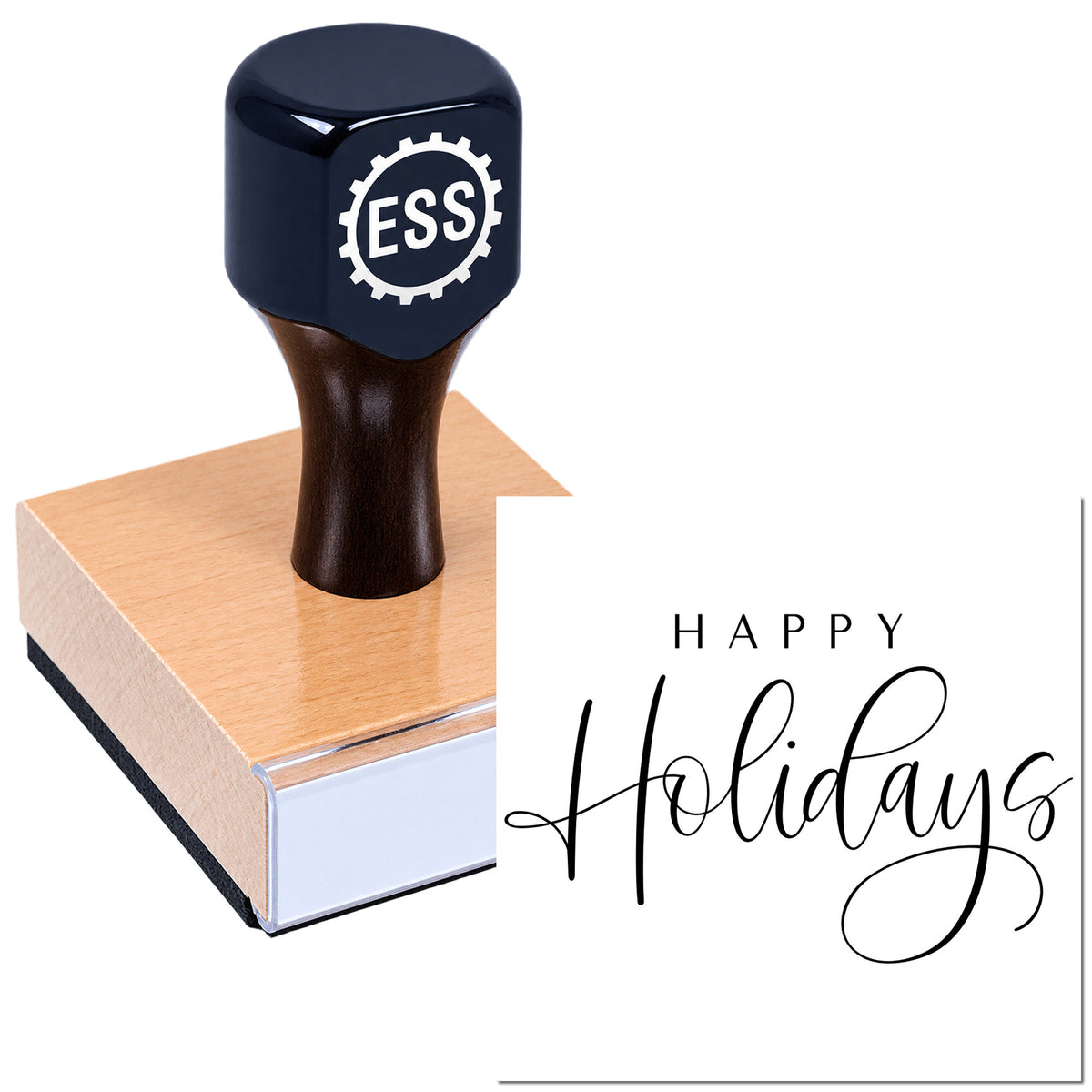 Black ESS self-inking stamp and copper seal block with Happy Holidays text on white background.