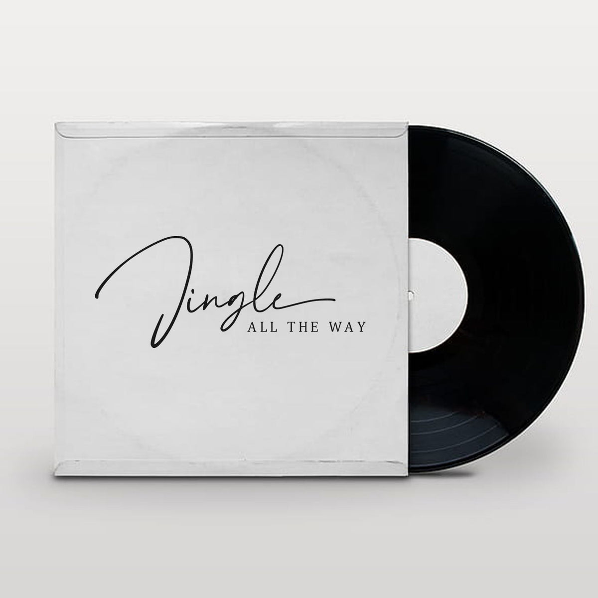 White stamp and seal sleeve with black circular seal, vinyl-style disc, and Jingle All the Way text.
