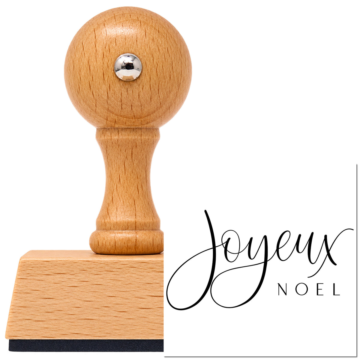 Vintage Pro beech wood stamp with a round knob handle, shown with its black Joyeux Noel Fine Script imprint on white.