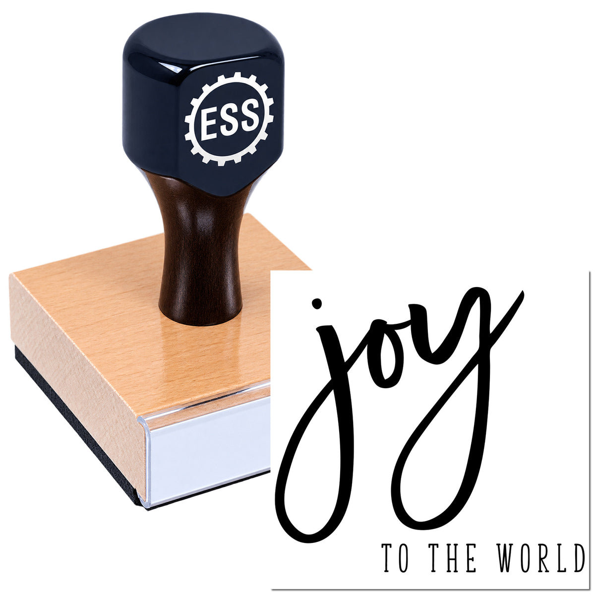 Navy ESS rubber stamp on a copper seal block, showing a black script imprint reading "you to the world."