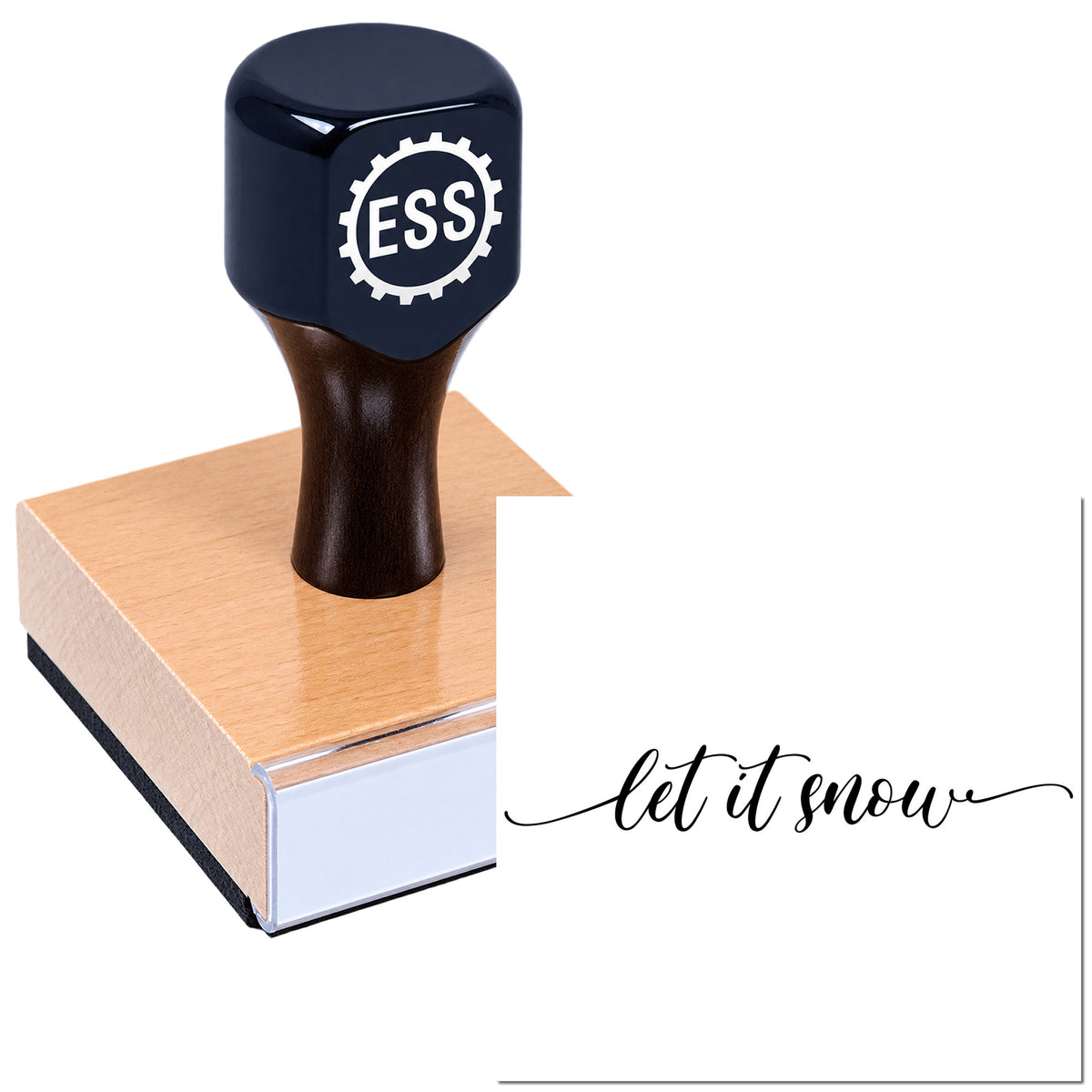 Black ESS rubber stamp and copper seal block, with "let it snow" script on a white background.