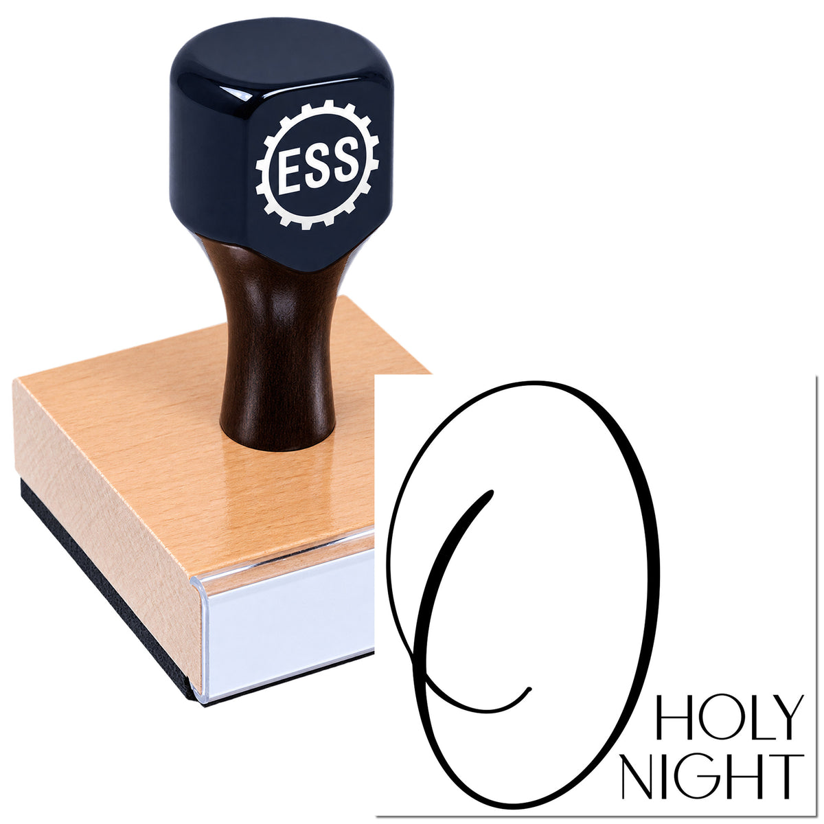Black ESS rubber stamp on a book with a circular Holy Night seal design on a white background.