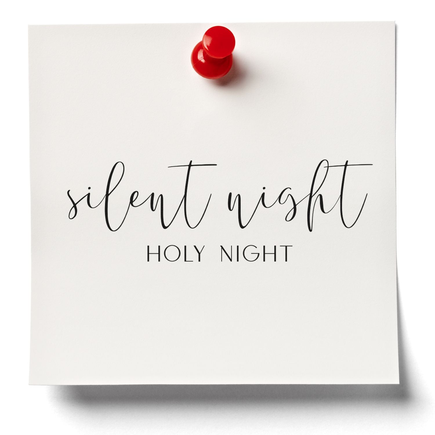 White stamp and seal card with a glossy red seal and black silent night and HOLY NIGHT text.