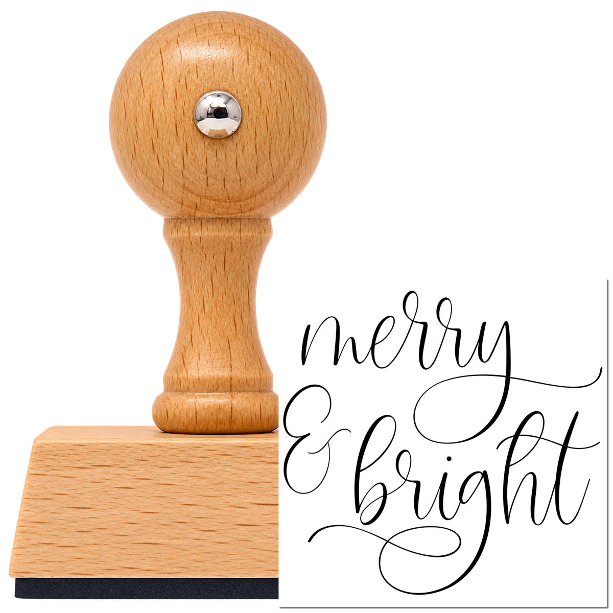Vintage Pro beech wood stamp with a round knob handle, shown with its black Merry And Bright Looped Script Lettering imprint on white.