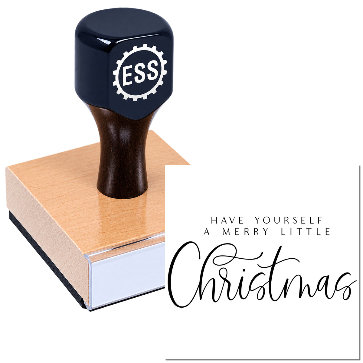 Black ESS stamp and seal product on wooden base with Merry Christmas greeting card design