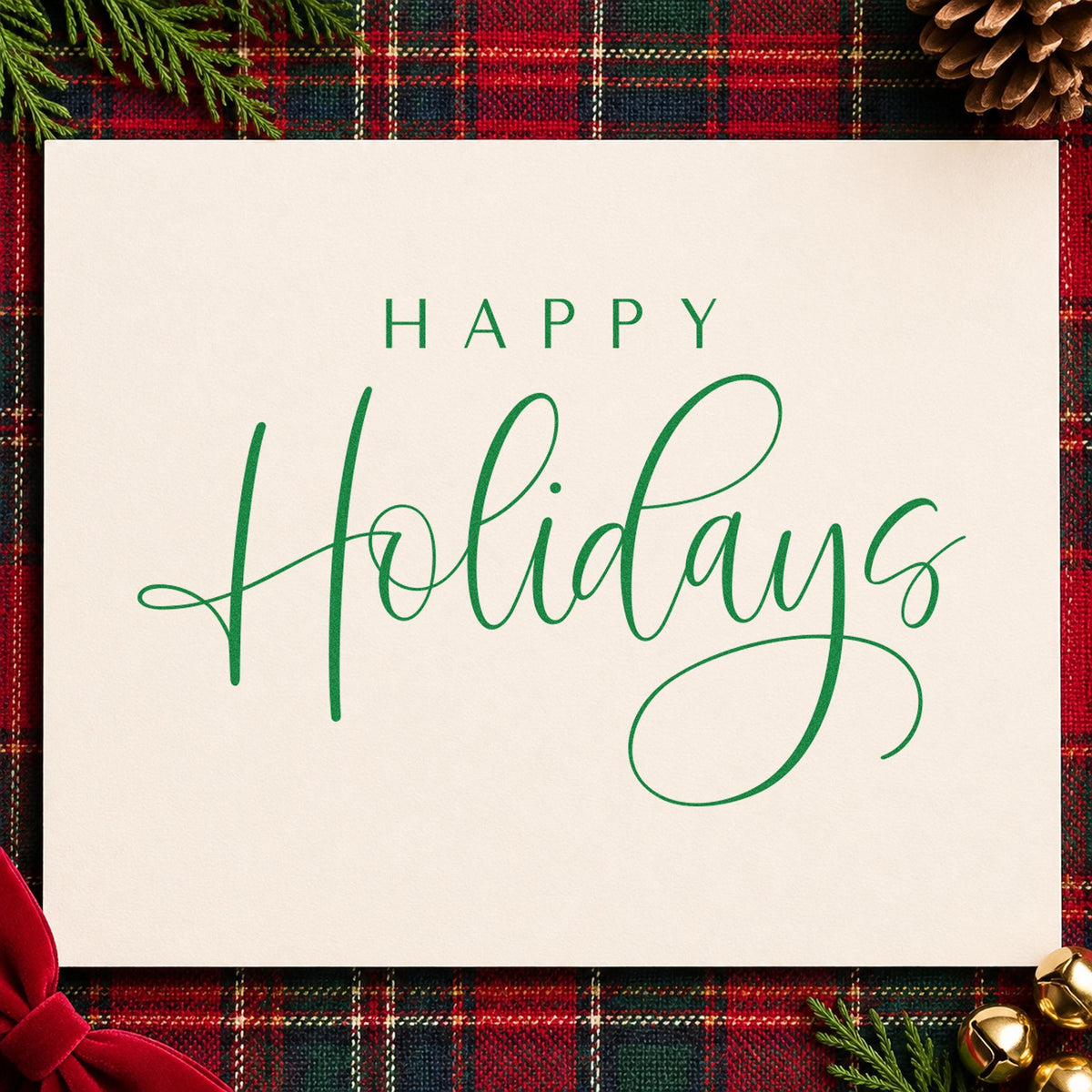 Happy Holidays Thin Calligraphy craft stamp in green ink on cardstock, an easy option for address album page.
