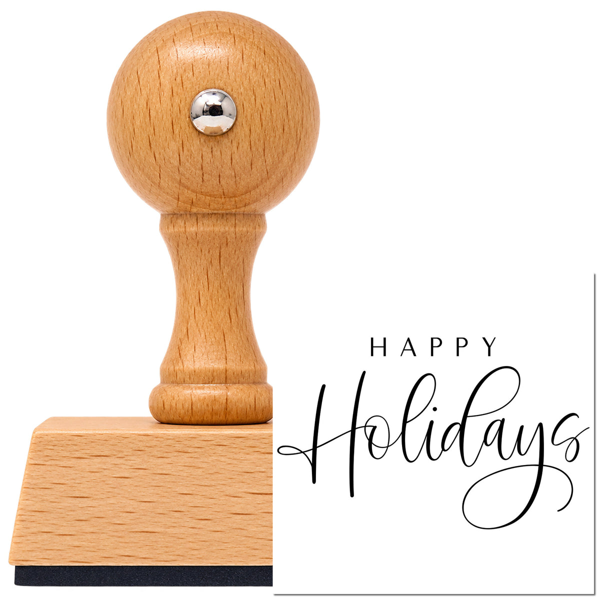 Vintage Pro beech wood stamp with a round knob handle, shown with its black Happy Holidays Thin Calligraphy imprint on white.