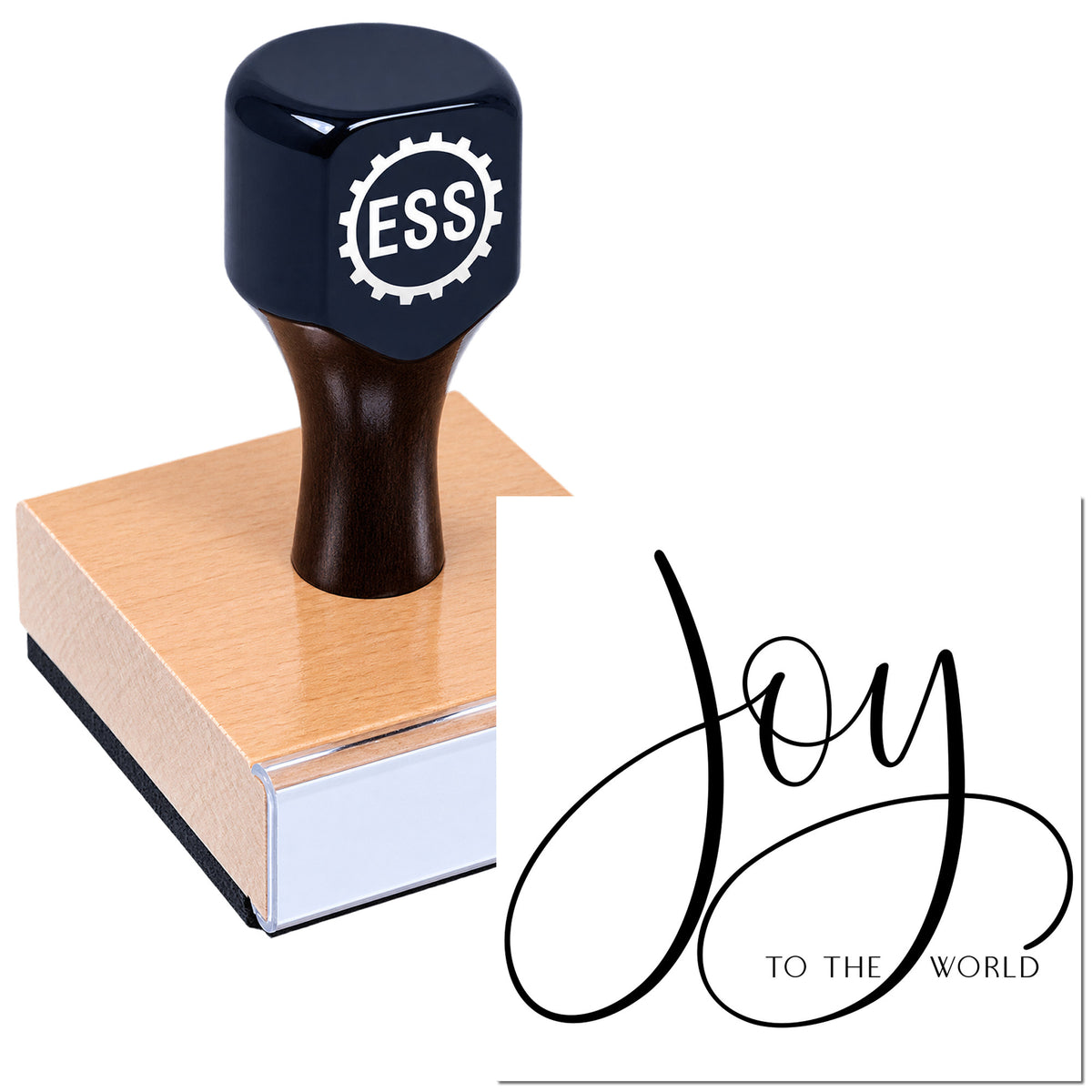 Black ESS stamp on copper seal block with elegant "Joy to the world" seal design on a white background.
