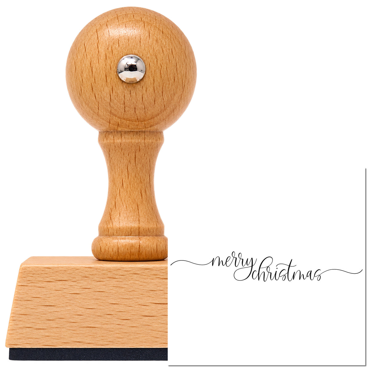 Vintage Pro beech wood stamp with a round knob handle, shown with its black Merry Christmas Script Lettering imprint on white.